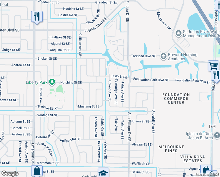 map of restaurants, bars, coffee shops, grocery stores, and more near 784 Upland Avenue Southeast in Palm Bay