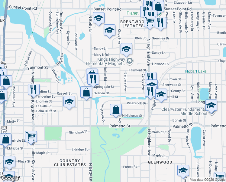 map of restaurants, bars, coffee shops, grocery stores, and more near in Clearwater