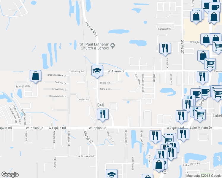 map of restaurants, bars, coffee shops, grocery stores, and more near 906 Winnie Lane in Lakeland