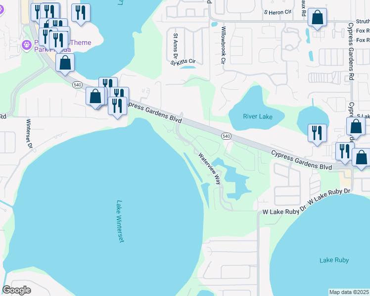map of restaurants, bars, coffee shops, grocery stores, and more near 505 Sweetbay Circle in Winter Haven