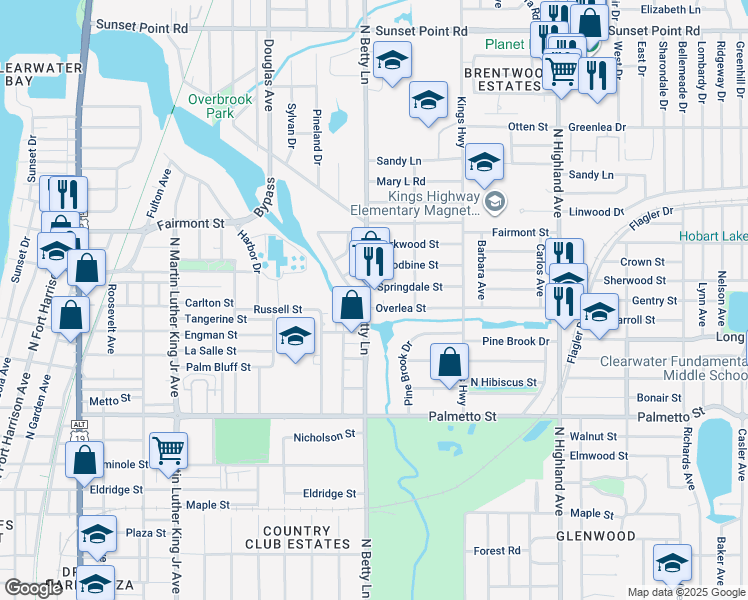 map of restaurants, bars, coffee shops, grocery stores, and more near 1411 North Betty Lane in Clearwater