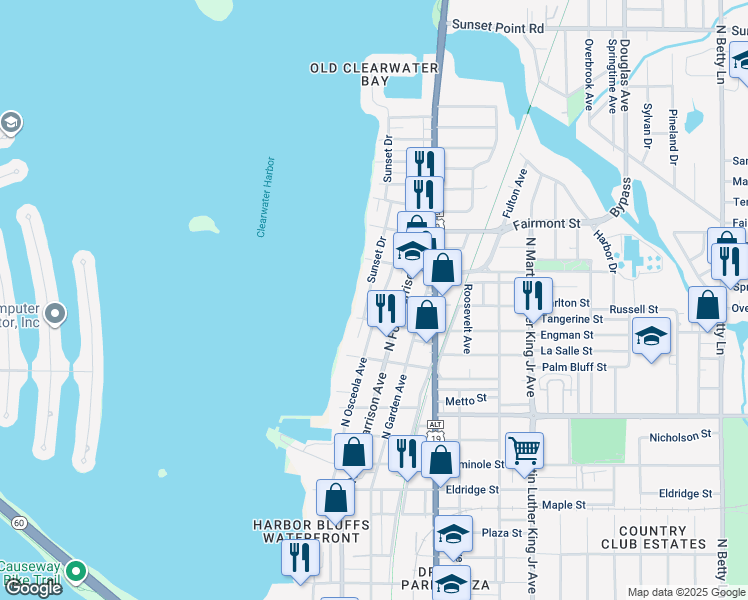map of restaurants, bars, coffee shops, grocery stores, and more near 1304 North Osceola Avenue in Clearwater