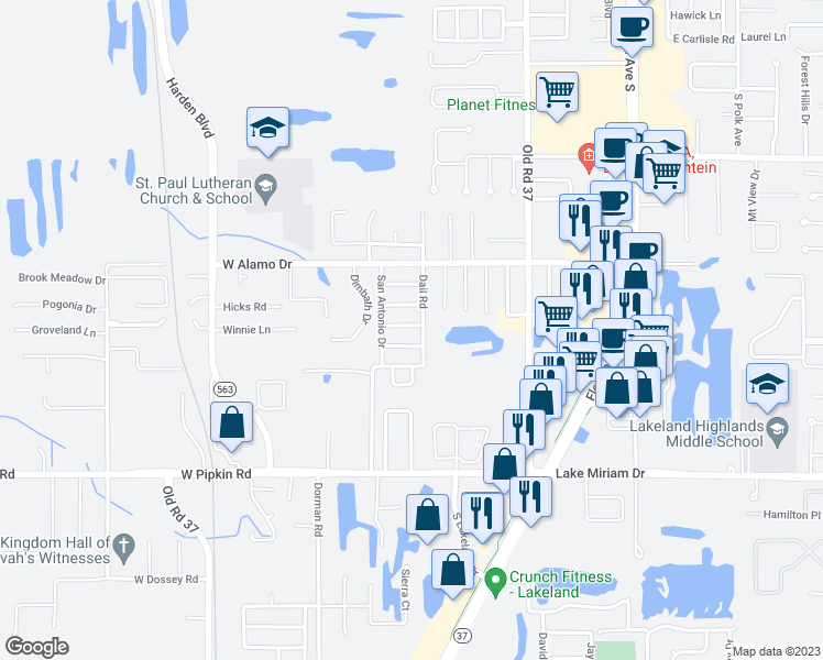 map of restaurants, bars, coffee shops, grocery stores, and more near 608 Cortez Street in Lakeland