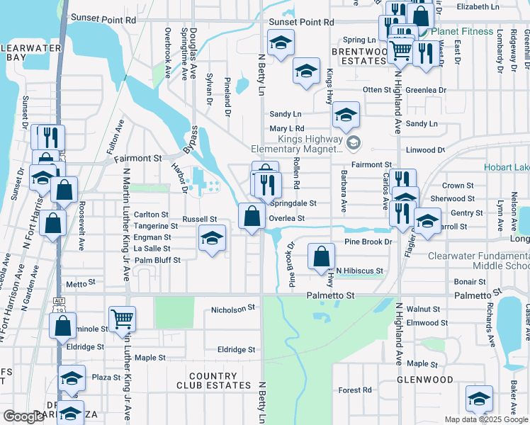 map of restaurants, bars, coffee shops, grocery stores, and more near 1411 North Betty Lane in Clearwater