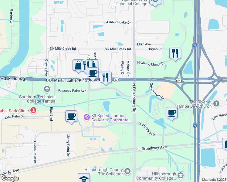 map of restaurants, bars, coffee shops, grocery stores, and more near 10007 Princess Palm Avenue in Tampa