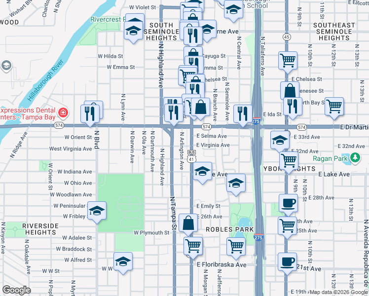 map of restaurants, bars, coffee shops, grocery stores, and more near 3811 North Arlington Avenue in Tampa