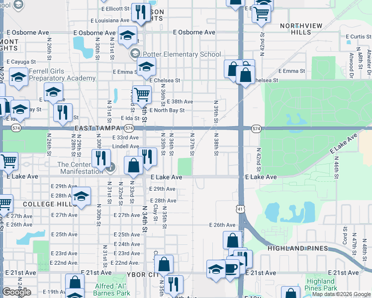 map of restaurants, bars, coffee shops, grocery stores, and more near 3615 Lindell Avenue in Tampa