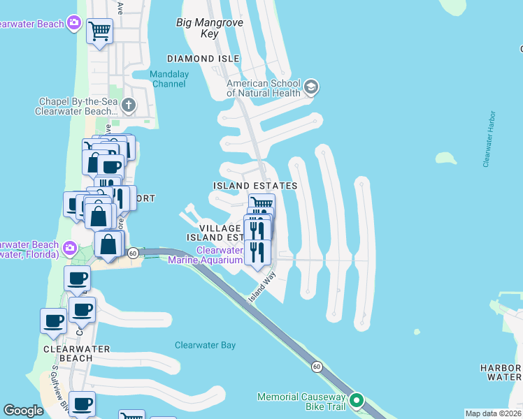 map of restaurants, bars, coffee shops, grocery stores, and more near 320 Island Way in Clearwater