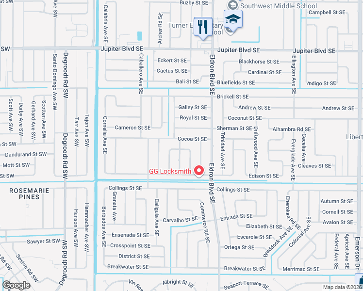 map of restaurants, bars, coffee shops, grocery stores, and more near 800 Aruba Avenue Southeast in Palm Bay