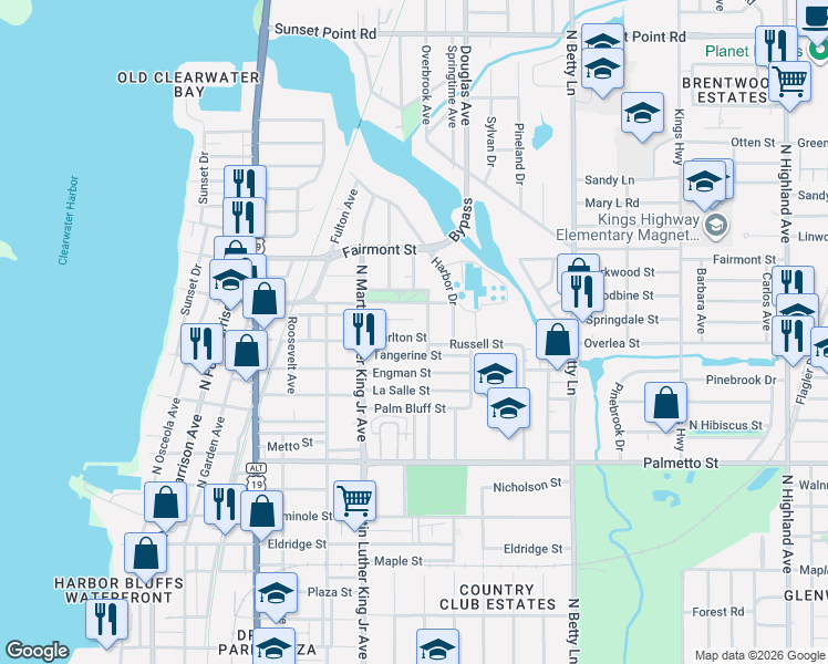 map of restaurants, bars, coffee shops, grocery stores, and more near 1132 Carlton Street in Clearwater