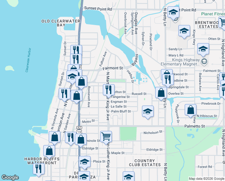 map of restaurants, bars, coffee shops, grocery stores, and more near 1115 Carlton Street in Clearwater