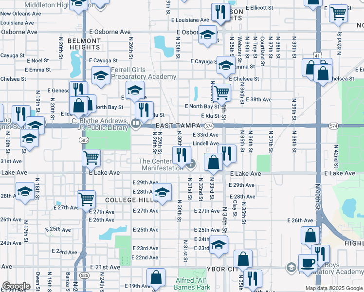 map of restaurants, bars, coffee shops, grocery stores, and more near 2918 East 32nd Avenue in Tampa