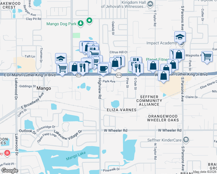 map of restaurants, bars, coffee shops, grocery stores, and more near 3905 West Lake Drive in Seffner