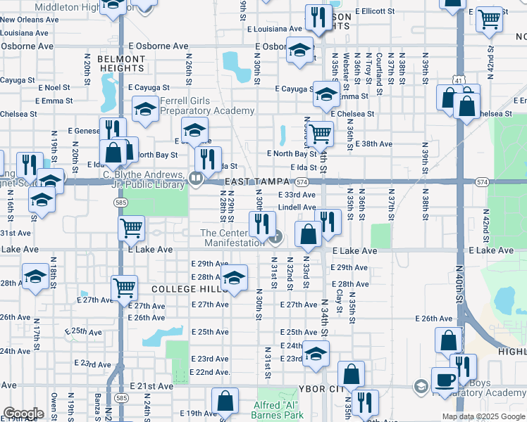 map of restaurants, bars, coffee shops, grocery stores, and more near 2918 East 32nd Avenue in Tampa