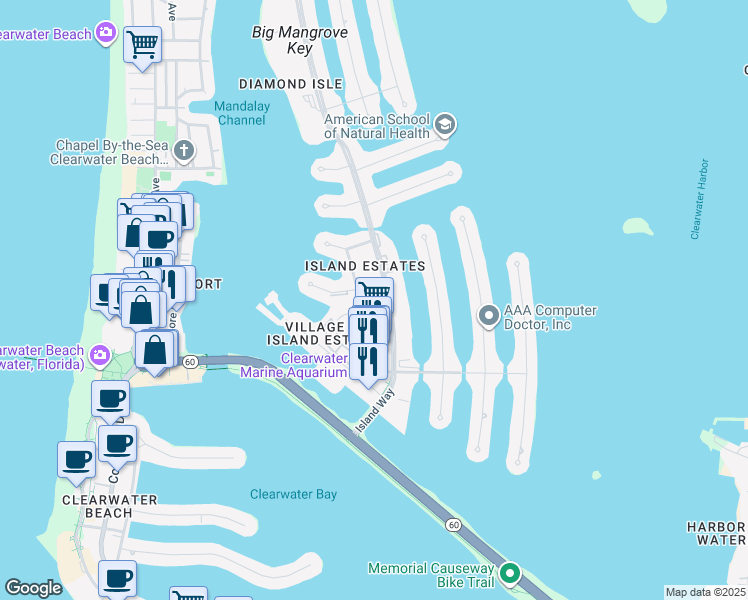 map of restaurants, bars, coffee shops, grocery stores, and more near 142 Island Way in Clearwater