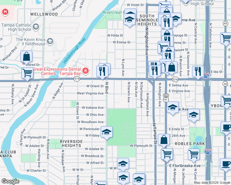 map of restaurants, bars, coffee shops, grocery stores, and more near 3901 North Clearfield Avenue in Tampa
