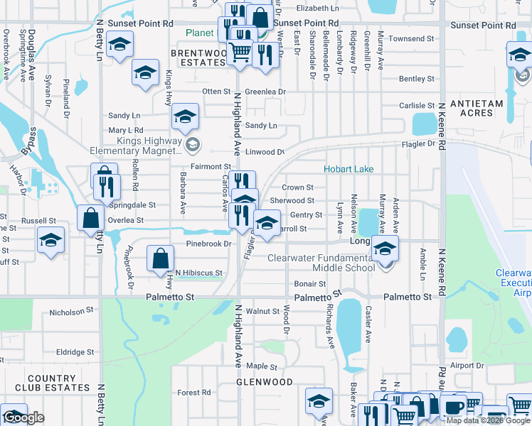map of restaurants, bars, coffee shops, grocery stores, and more near 1532 Gentry Street in Clearwater