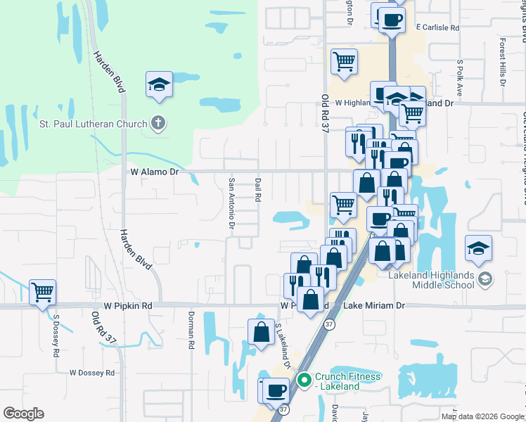 map of restaurants, bars, coffee shops, grocery stores, and more near 603 Solana Street in Lakeland