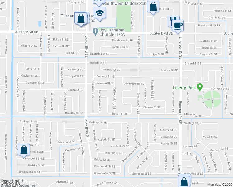 map of restaurants, bars, coffee shops, grocery stores, and more near 815 Driftwood Avenue Southeast in Palm Bay
