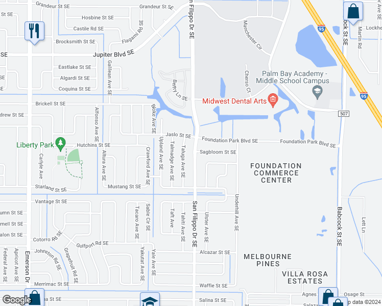 map of restaurants, bars, coffee shops, grocery stores, and more near 138 San Filippo Drive Southeast in Palm Bay