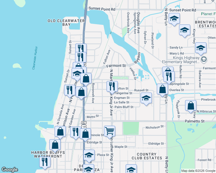 map of restaurants, bars, coffee shops, grocery stores, and more near 1001 Carlton Street in Clearwater