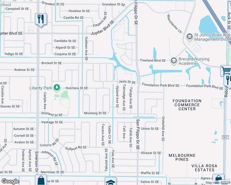 map of restaurants, bars, coffee shops, grocery stores, and more near 770 Upland Avenue Southeast in Palm Bay