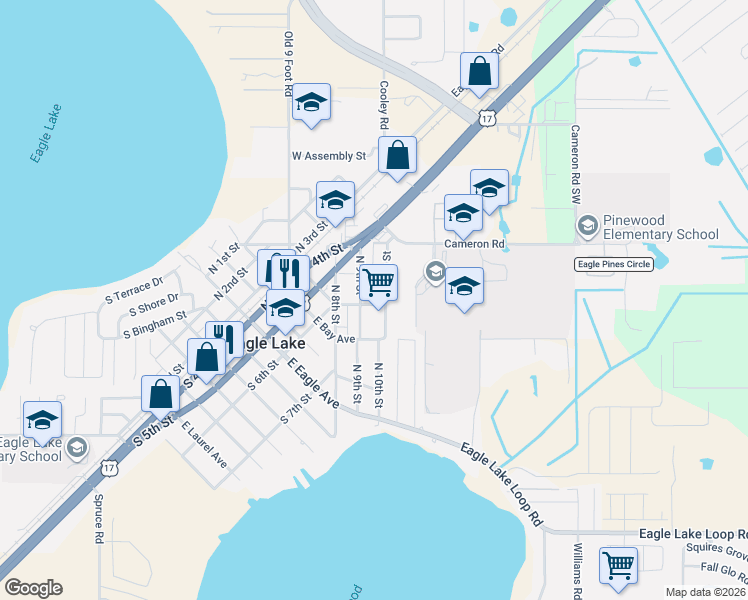 map of restaurants, bars, coffee shops, grocery stores, and more near 721 East Findley Avenue in Eagle Lake