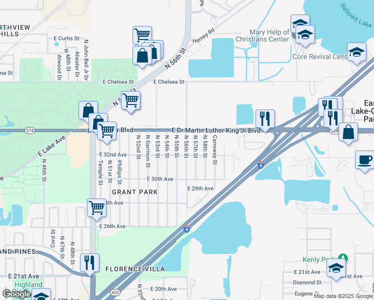 map of restaurants, bars, coffee shops, grocery stores, and more near 3723 North 56th Street in Tampa