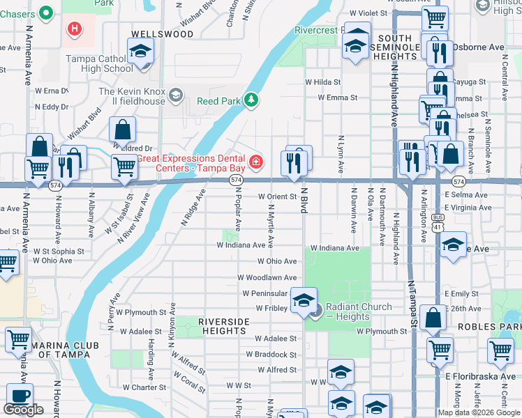 map of restaurants, bars, coffee shops, grocery stores, and more near 804 West Virginia Avenue in Tampa