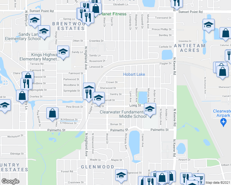map of restaurants, bars, coffee shops, grocery stores, and more near 1569 Gentry Street in Clearwater