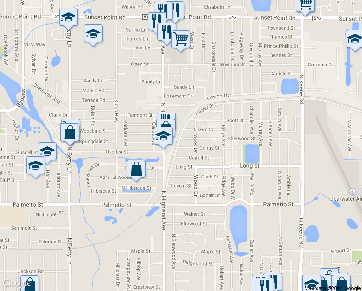 map of restaurants, bars, coffee shops, grocery stores, and more near 1325 North Highland Avenue in Clearwater