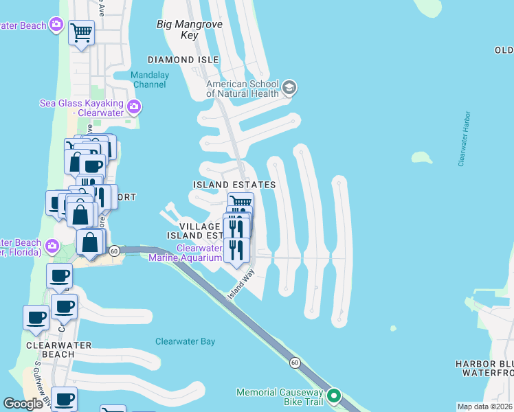 map of restaurants, bars, coffee shops, grocery stores, and more near 142 Island Way in Clearwater