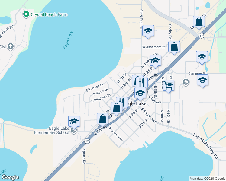 map of restaurants, bars, coffee shops, grocery stores, and more near 123 South Shore Drive in Eagle Lake