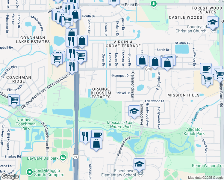 map of restaurants, bars, coffee shops, grocery stores, and more near 1419 West Virginia Lane in Clearwater