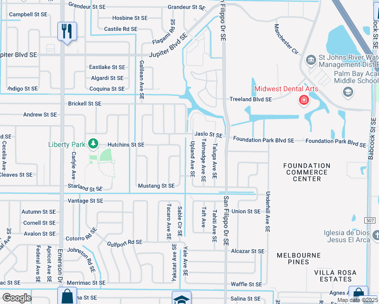map of restaurants, bars, coffee shops, grocery stores, and more near 770 Upland Avenue Southeast in Palm Bay
