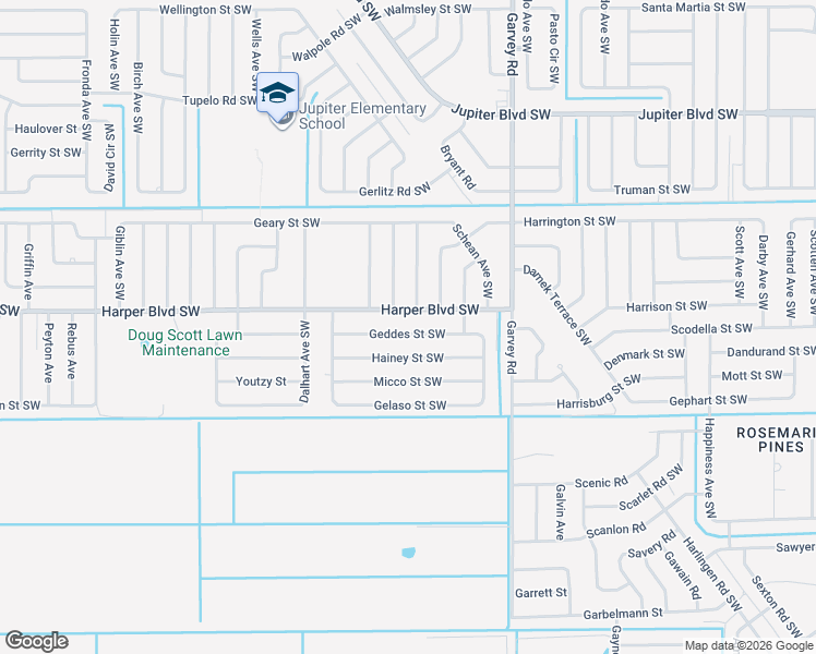 map of restaurants, bars, coffee shops, grocery stores, and more near 780 Geddes Street Southwest in Palm Bay