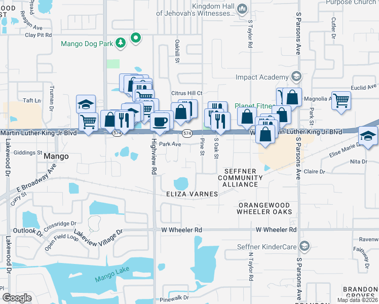 map of restaurants, bars, coffee shops, grocery stores, and more near 4001 Pine Street in Seffner