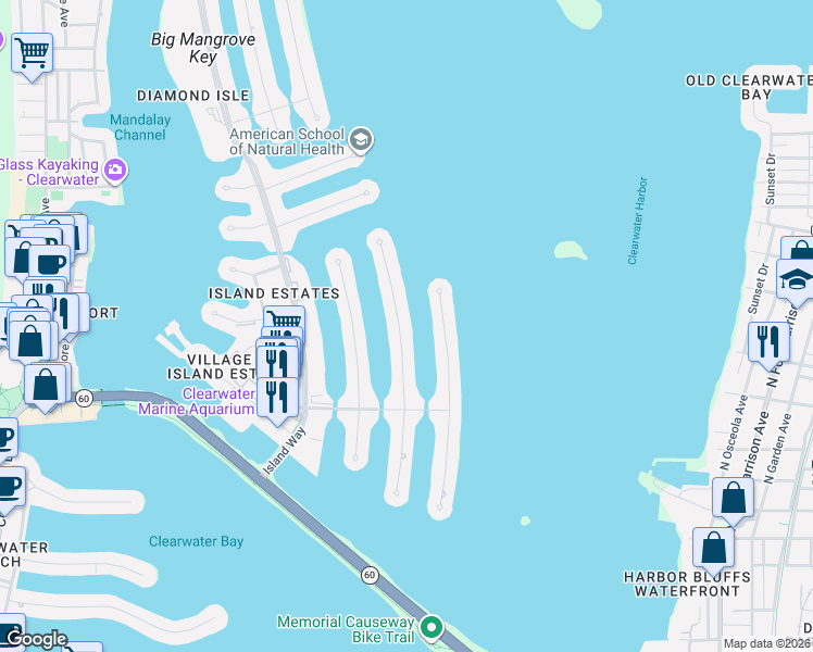 map of restaurants, bars, coffee shops, grocery stores, and more near 231 Midway Island in Clearwater