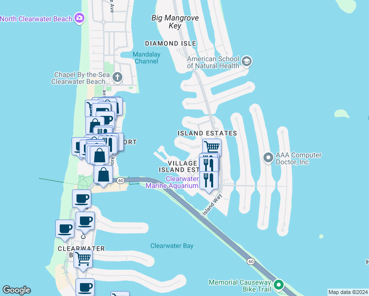 map of restaurants, bars, coffee shops, grocery stores, and more near 223 Dolphin Point in Clearwater
