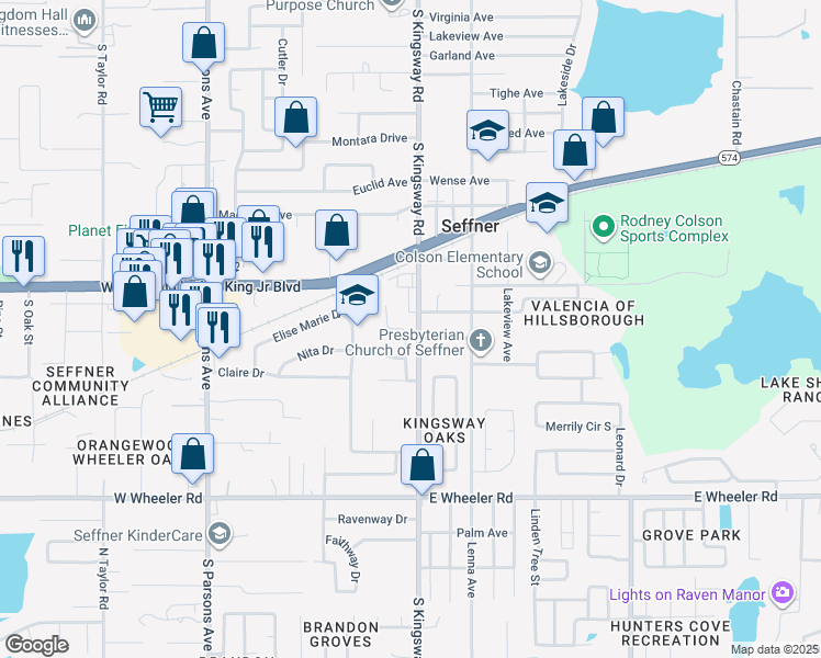 map of restaurants, bars, coffee shops, grocery stores, and more near 1820 Craven Drive in Seffner