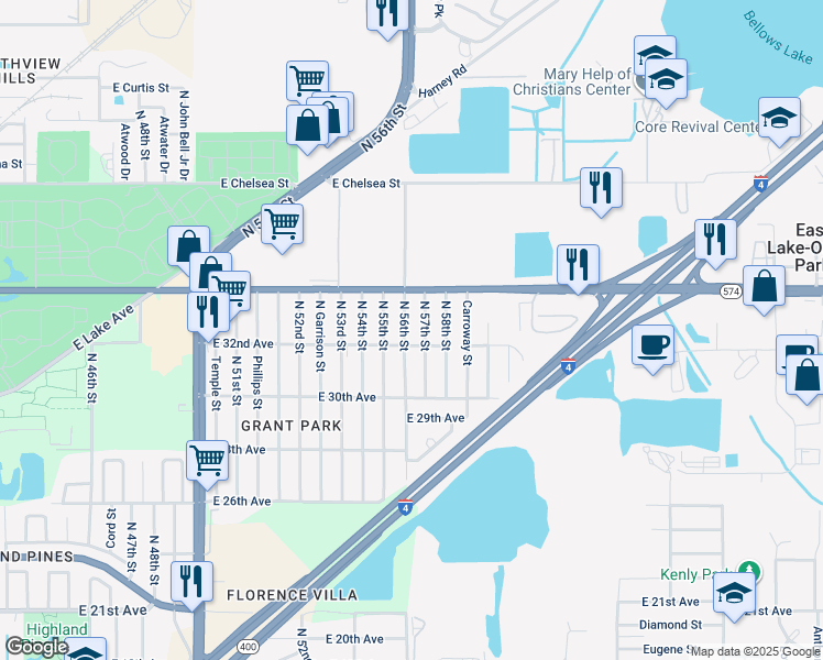 map of restaurants, bars, coffee shops, grocery stores, and more near 3723 North 56th Street in Tampa