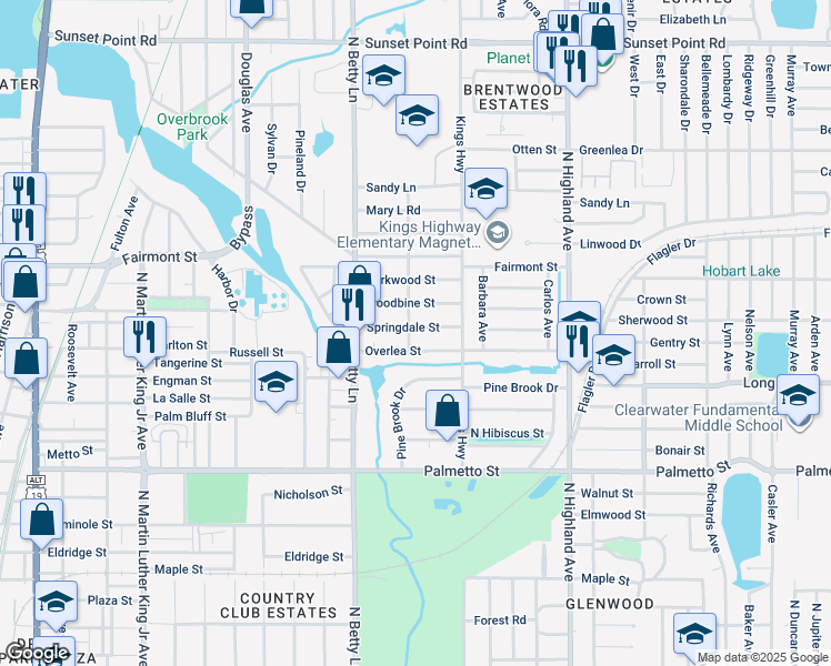map of restaurants, bars, coffee shops, grocery stores, and more near 1330 Overlea Street in Clearwater