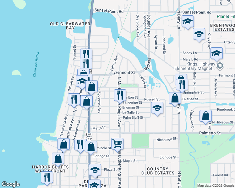 map of restaurants, bars, coffee shops, grocery stores, and more near 1001 Carlton Street in Clearwater