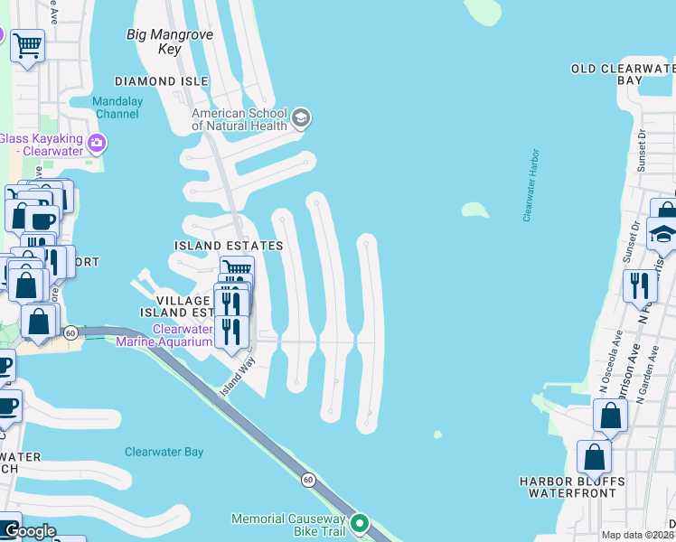 map of restaurants, bars, coffee shops, grocery stores, and more near 215 Midway Island in Clearwater