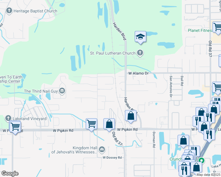map of restaurants, bars, coffee shops, grocery stores, and more near 1105 Jordan Road in Lakeland