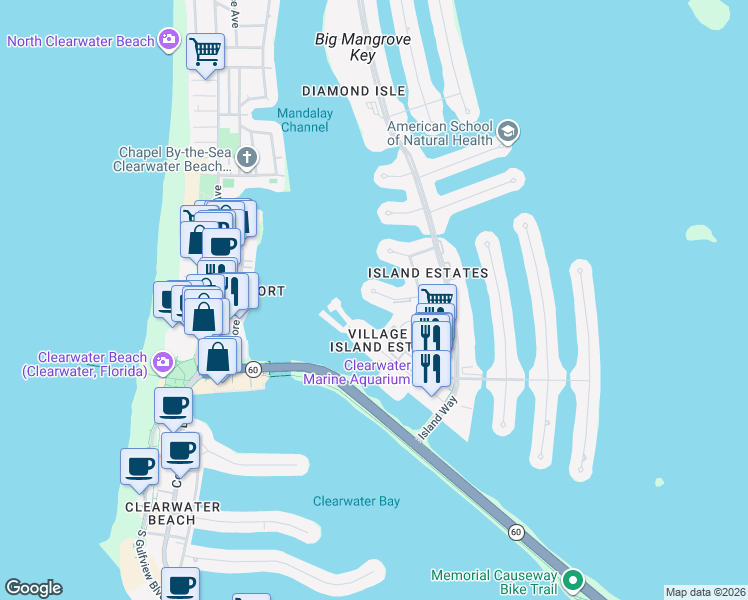 map of restaurants, bars, coffee shops, grocery stores, and more near 211 Dolphin Point in Clearwater