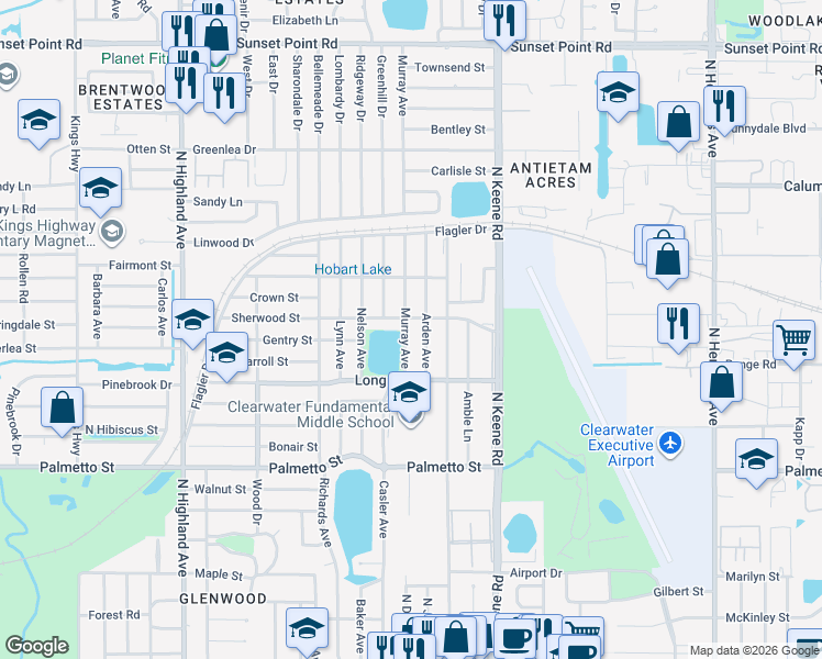 map of restaurants, bars, coffee shops, grocery stores, and more near 1321 Murray Avenue in Clearwater