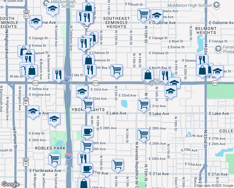 map of restaurants, bars, coffee shops, grocery stores, and more near 1202 East 32nd Avenue in Tampa