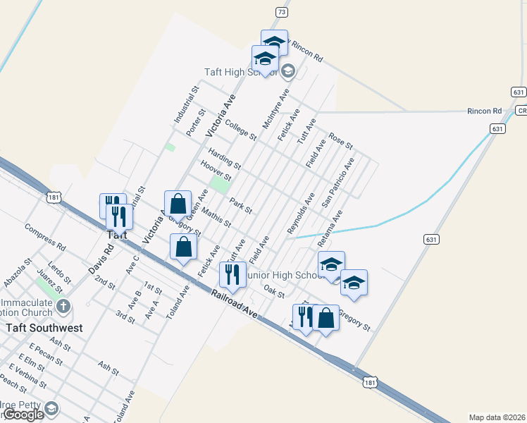 map of restaurants, bars, coffee shops, grocery stores, and more near 432 Field Avenue in Taft