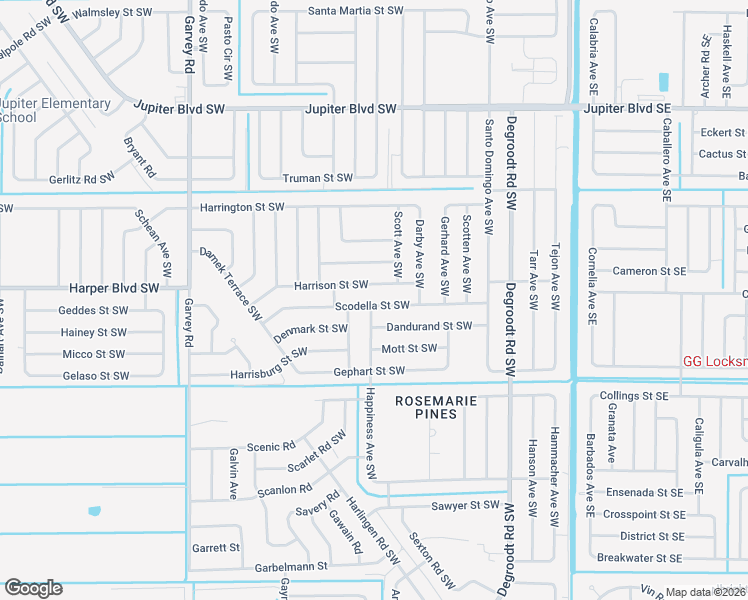 map of restaurants, bars, coffee shops, grocery stores, and more near 813 Happiness Avenue Southwest in Palm Bay